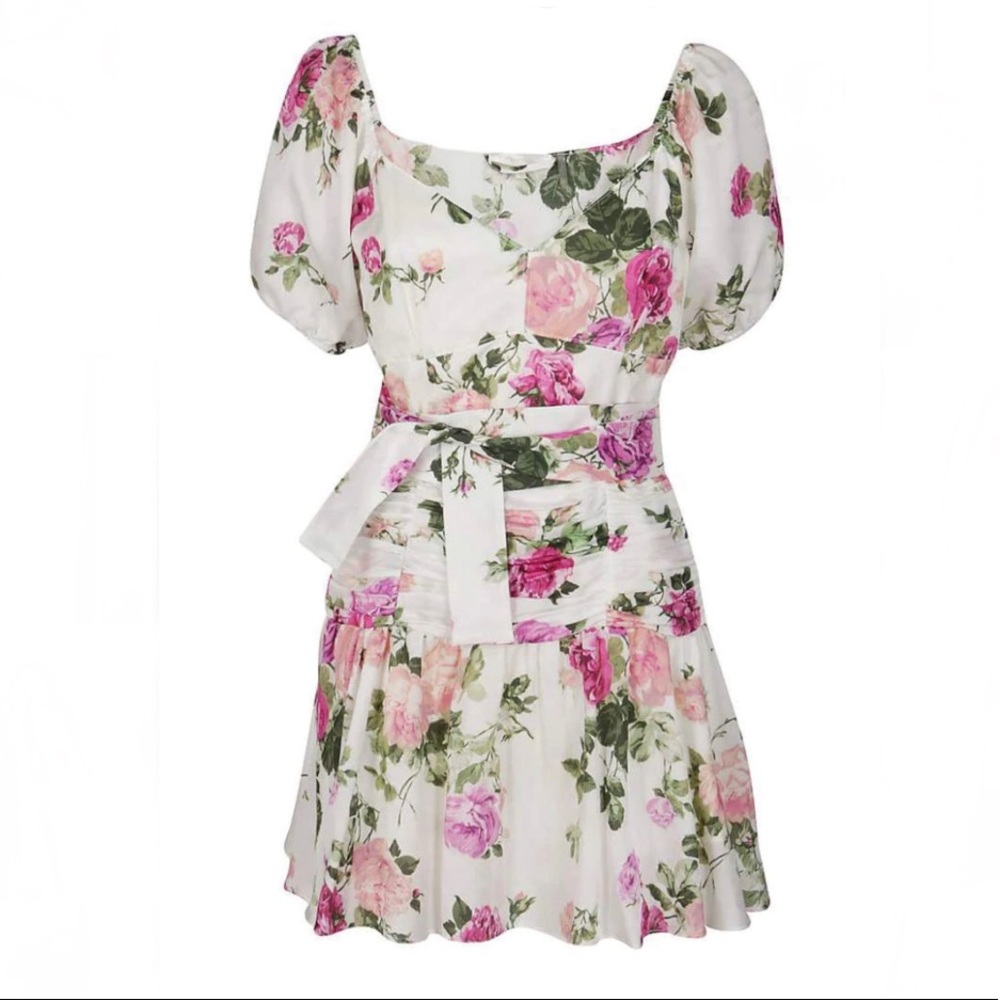 LoveShackFancy White Floral Mini Dress with Pink Roses